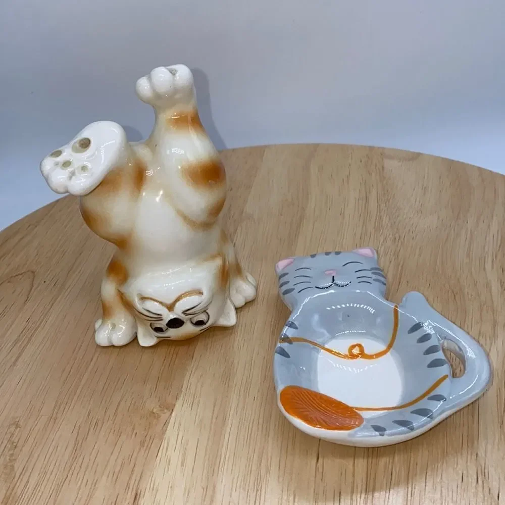 Lot of 2 Whimsical Ceramic Kitties 1 Tumbling Figurine and 1 Trinket Dish